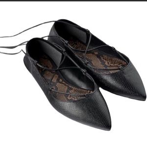 Zara NWT black pointed toe tie ballet flats